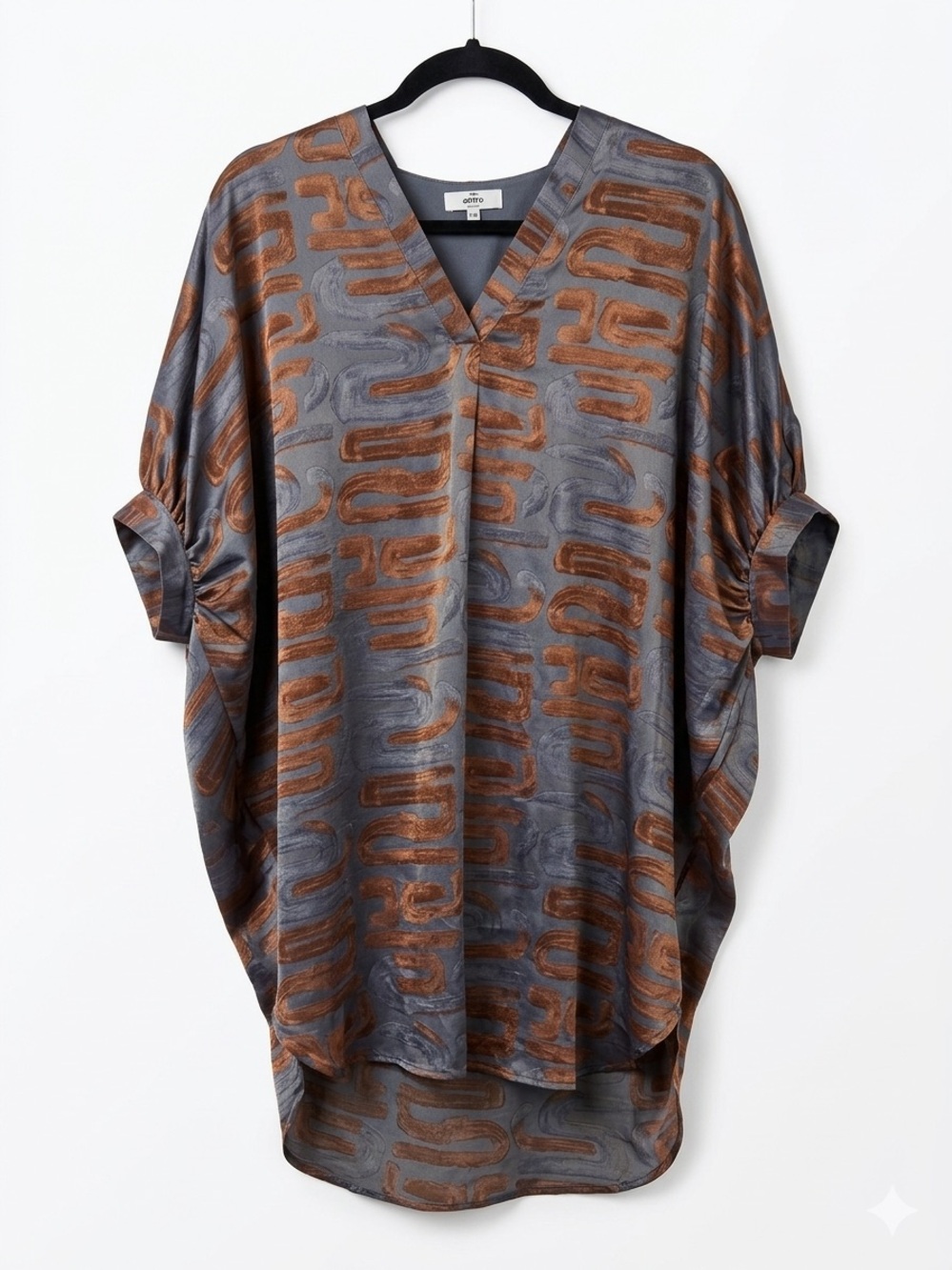 Entro Abstract Graphic Satin V-Neck Kaftan Tunic Top/Dress Grey Bronze Edgy Boho
